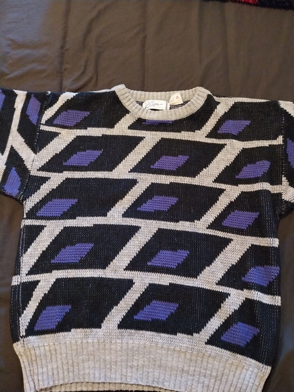 Men's Geometric Black and Gray Sweater with Purple Accents